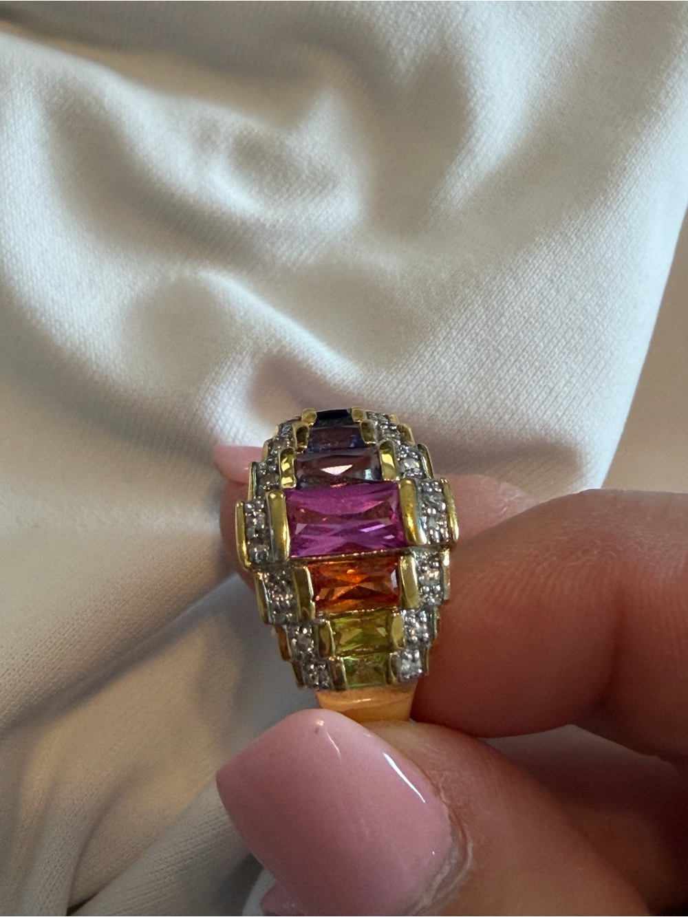 Vintage Sterling/Gold Ring multi color emerald cut gemstones with diamond accent - Picture 4 of 4